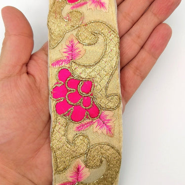 Beige Art Silk Fabric Trim with Floral Embroidery in Peach, Gold and Fuchsia, Flower Embroidered Trim